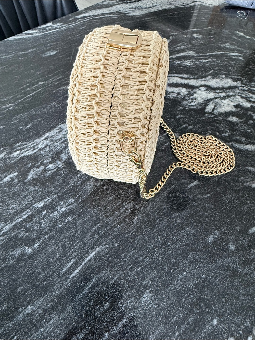 HAUTE HIPPIE Woven Round Crossbody Bag in Natural with Gold Chain & Gold Shimmer - Picture 11 of 14